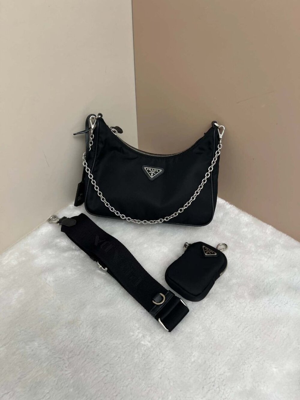 Prada Black Nylon Multi‑Way Hobo Bag with Detachable Mini Pouch